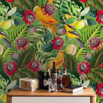 Yellow Parrots in Jungle with Passiflora