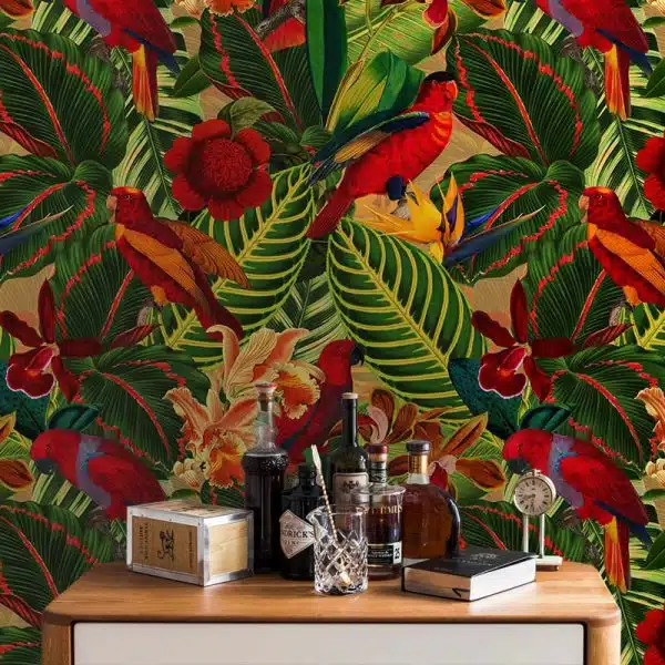 Tropical jungle with red parrots - Dark