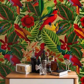 Tropical jungle with red parrots
